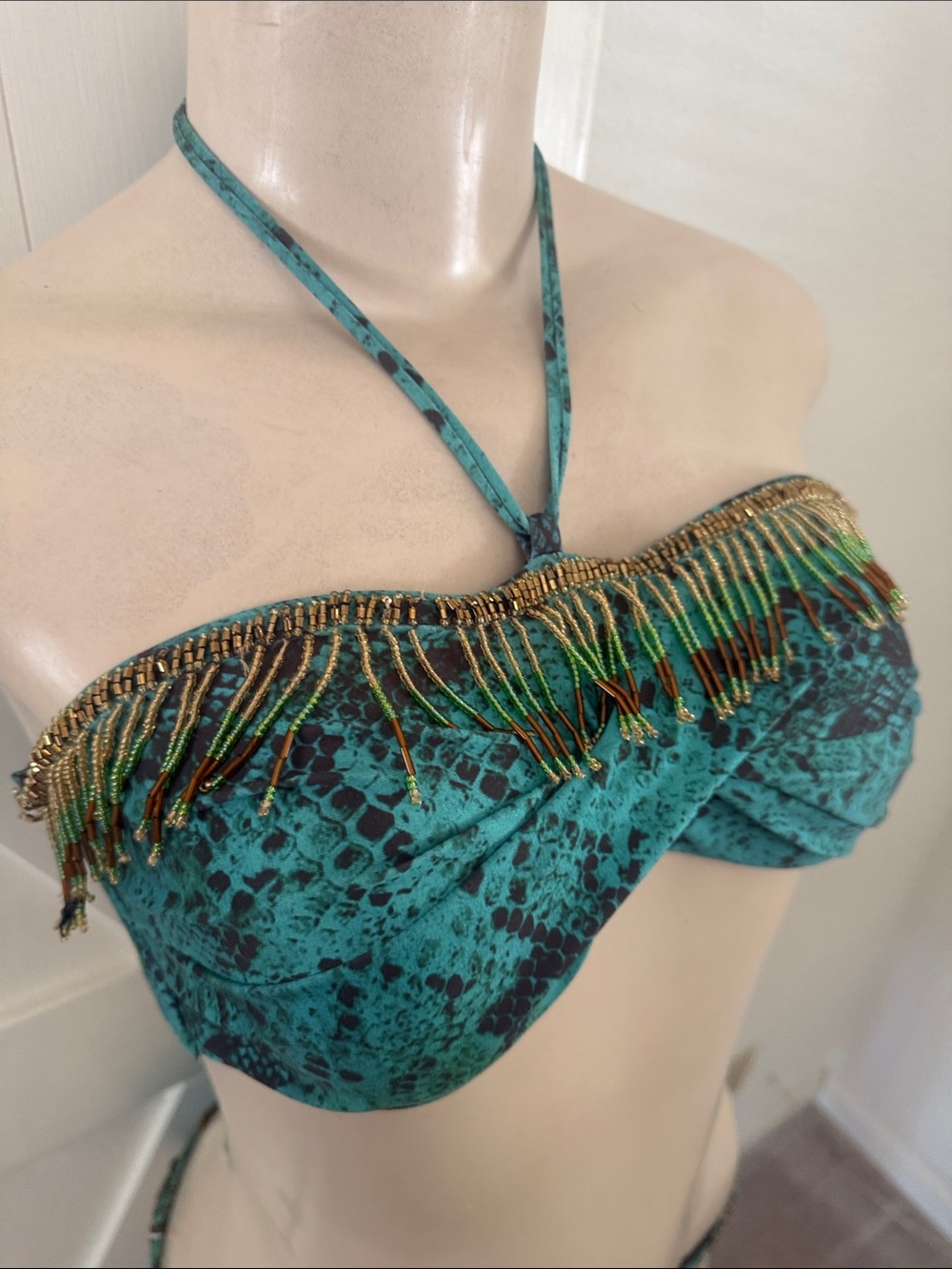 Green Snake Print w Beaded Fringe Tie Bikini Set - Women Swim M - Picture 2 of 11